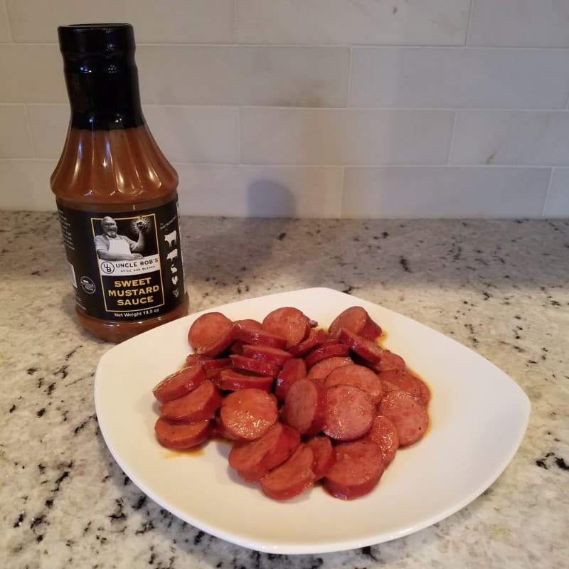 The Uncle Bob’s crock pot Sweet Mustard turkey kielbasa bites ready to serve.