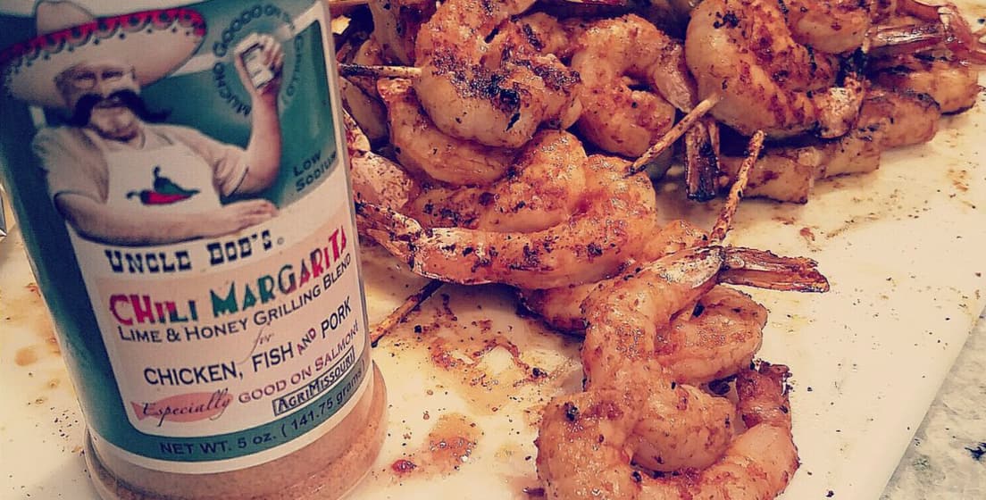 Uncle Bob’s recipe for grilled ahrimp skewers with Uncle Bob’s Chili Margarita spice blend.